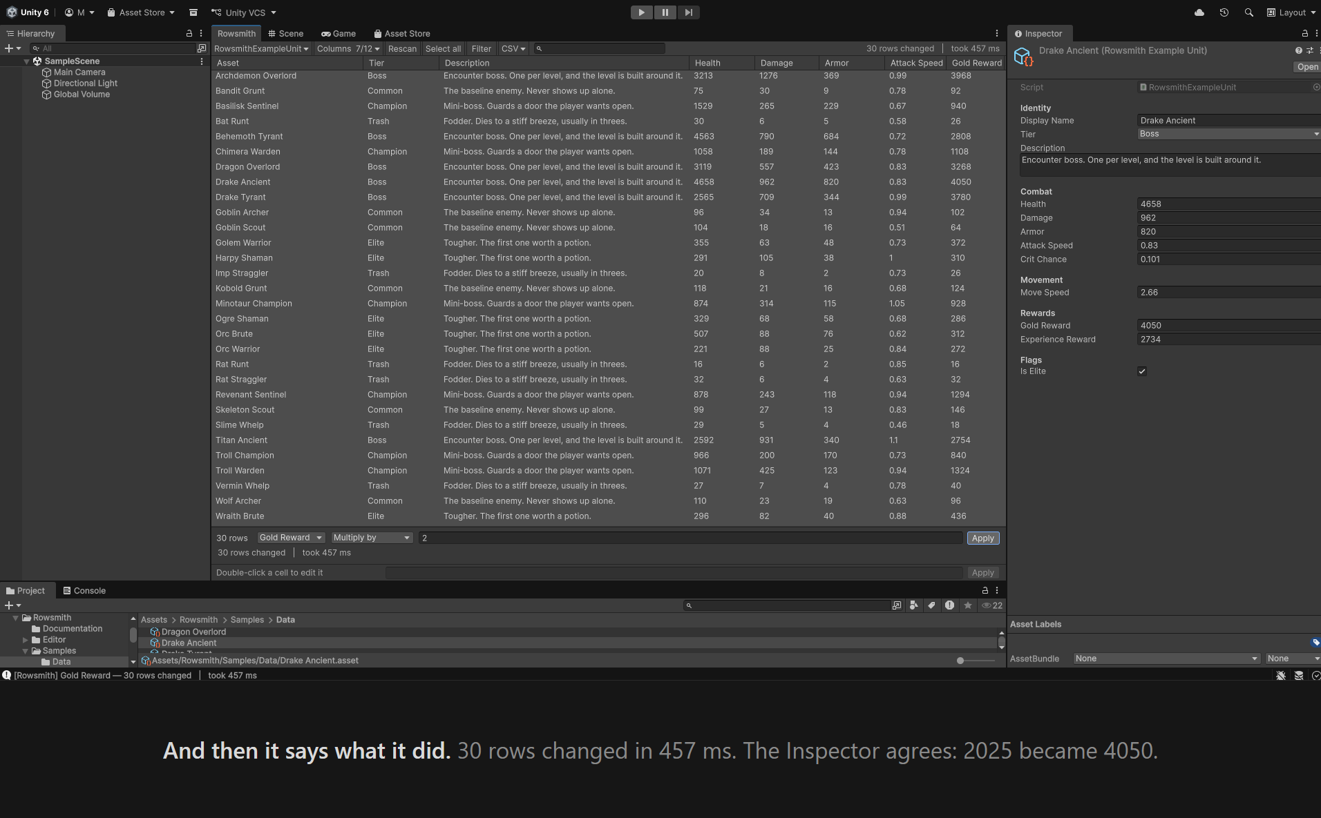 And then it says what it did. 30 rows changed in 457 ms. The Inspector agrees: 2025 became 4050.
