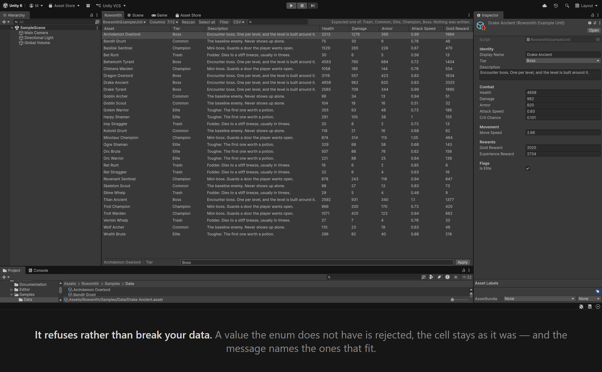 It refuses rather than break your data. A value the enum does not have is rejected, the cell stays as it was — and the message names the ones that fit.